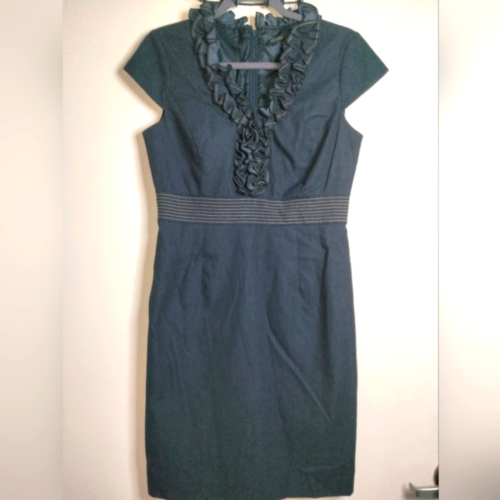 Sandra Darren (Size 8) Dark Blue Cap Sleeves Stretch Denim Sheath Dress
